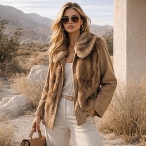 Lloyds Vintage Tan Suede Real Fur Panel Jacket Coat Womens Medium Fur Trim